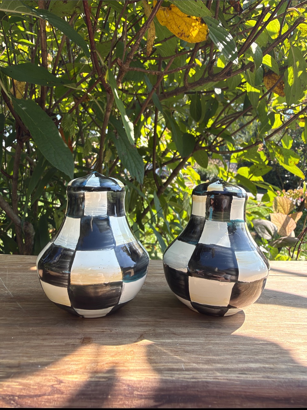 Mackenzie Childs black and white checked salt and pepper shakers.